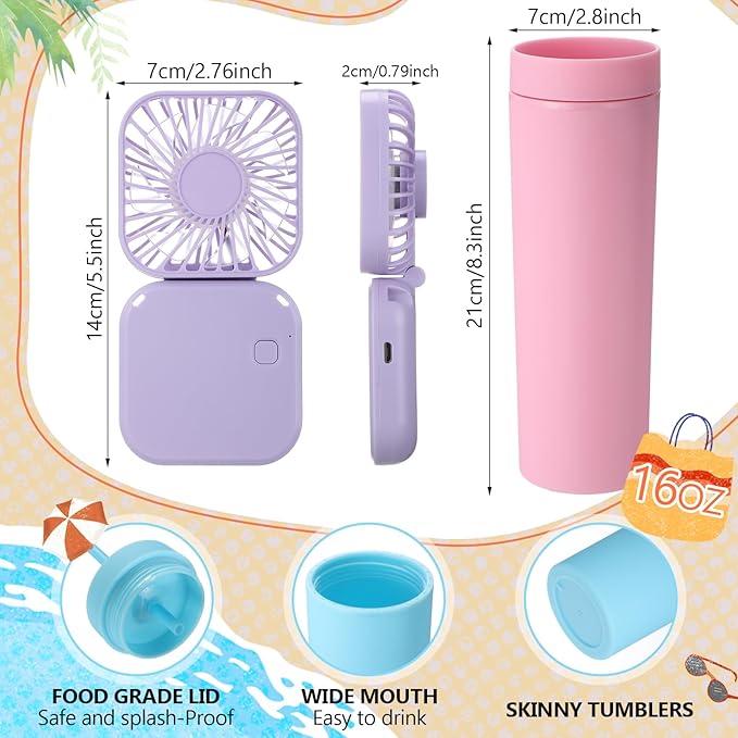 Reallnaive 12 Pcs Skinny Tumbler Bulk and Mini Portable Fans Set for Summer, 16 oz Plastic Cups with Lids Straws and Small USB Rechargeable Handheld Fan for Cooling Gift (Multicolor)
