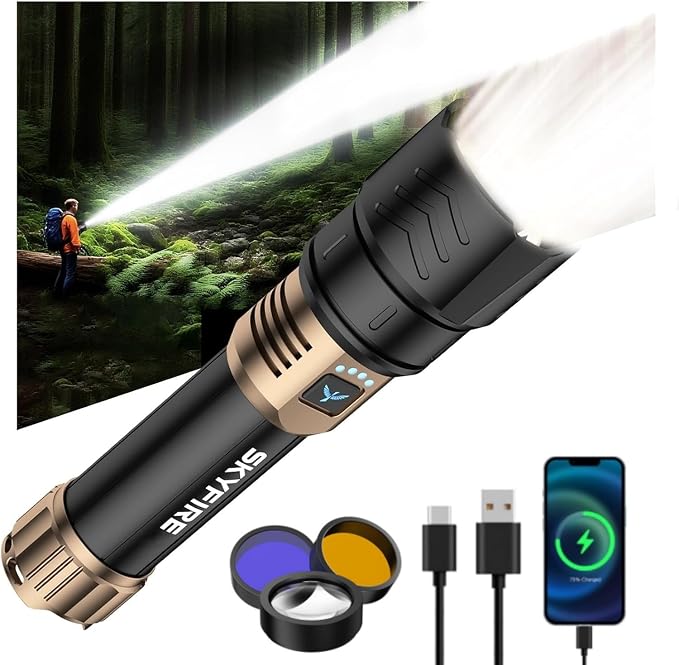 SKYFIRE Flashlight with Ignition Lens&Yellow/Blue Light,3000lm Super Bright Rechargeable Flashlights High Lumens,Zoomable,Waterproof Tactical Flashlight for Camping,Outdoor &Gifts
