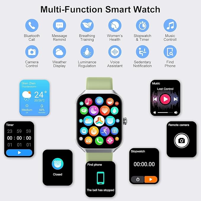 Smart Watch 2026 NEW 1.96" Smartwatch for Men Women(Answer/Make Call),Fitness Watch with 110+ Sport Modes, Reloj Inteligente with Sleep Monitor/Heart Rate/Step/IP68,for Android iOS, Silver green