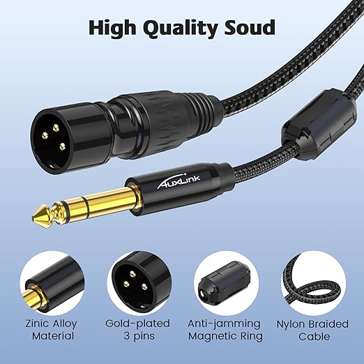 XLR Male to 1/4, TRS to 6.35mm 6ft 2Packs Gold-Plated Connectors Nylon Braided, Quarter Inch to XLR Male Cable for Speakers, Mixers, Amplifiers