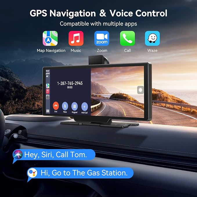 Portable Apple Carplay Screen for Car, 10" Wireless Car Play Touchscreen with 4K Dash Cam, 1080P Backup Camera, Carplay&Android Auto, Loop Recording, GPS Navigation, Bluetooth