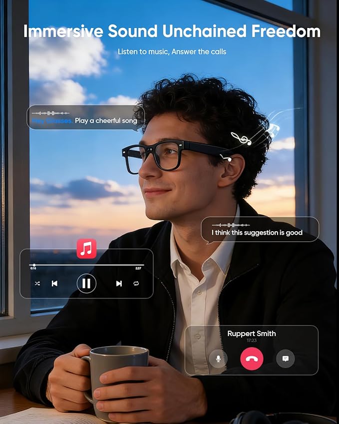 CJkao Smart AI Glasses with Camera for Men, HD Camera Video Recording, Voice Assistant Control, Bluetooth Music Glasses for Teenager(G3-White)