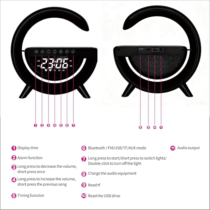 15W Wireless Charging Ambient Light Bluetooth Speaker Alarm Clock Multifunctional G-Type Colorful Bedroom Light Desktop Creative Ornament (Black)