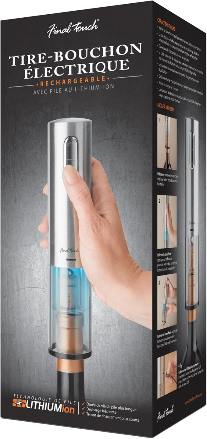 Final Touch Electric Corkscrew with Lithium-Ion Battery | Easy Cork Removal, USB Charging, LED Lights | Stainless Steel Wine Opener for Home and Parties (WO3032)
