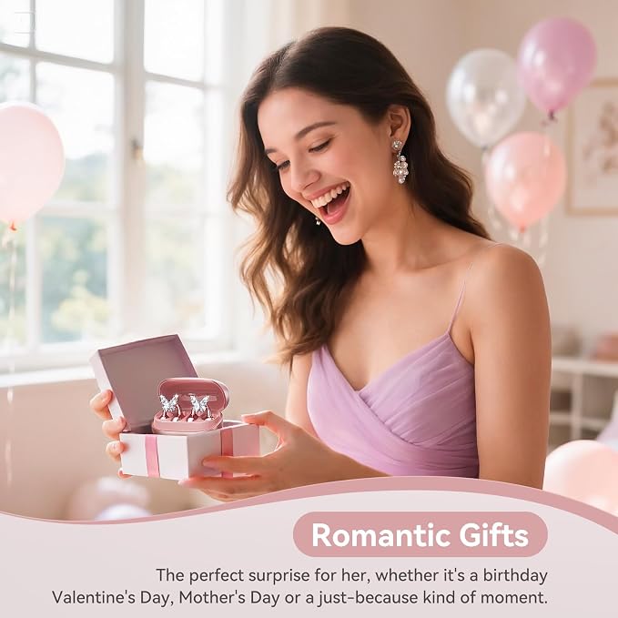 Kinglucky Gen2 Clip-On Open Ear Earbuds with Sparkle Butterfly Earrings, Earrings-On Storage Case, Bluetooth 5.4 Wireless Headphones for Women, 40H Playtime, Comfortable Fit for Small Ears, Rose Gold