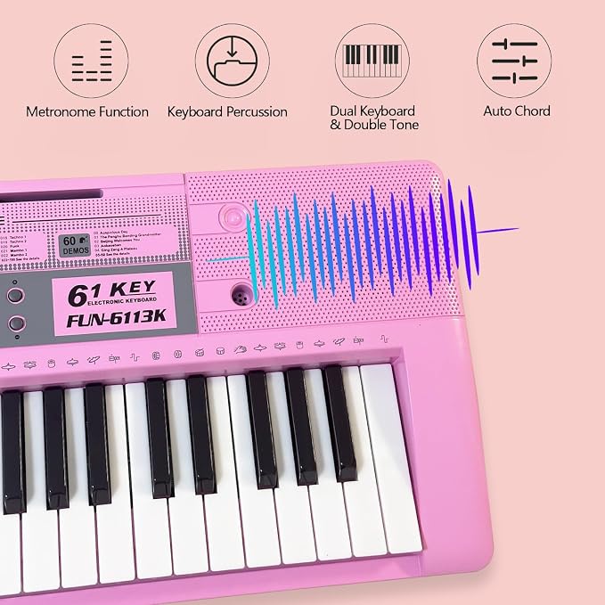 61 Key Electronic Keyboard Piano with Lighted Up Keys, Musical Mini Keyboard Piano with keyboard stand, Digital Portable Synthesizer Keyboards for Beginners Kids Adults (pink)