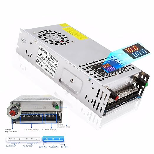 Adjustable Power Supply DC 0-12V 0-50A 600W with LED Display 12V Power Supply Variable AC to DC Converter 110V to 12V Designed for LED Light Car Stereo Electronics (12V-50A-600W, DC12V)