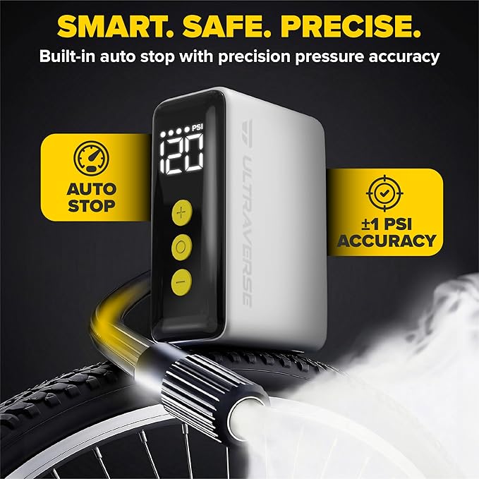 Ultraverse Mini Electric Bike Pump – 120 PSI High-Pressure Power, Ultra-Compact Smart Inflator with Presta & Schrader, Fast Rechargeable Pump for Road, MTB & E-Bike