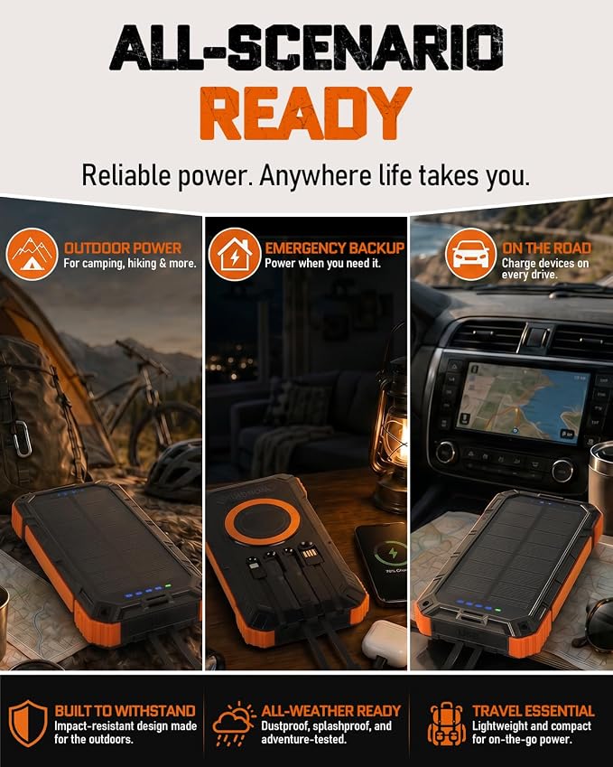 Solar Charger Power Bank - 49800mAh Solar Phone Charger with USB-C in/Output, QC 3.0 Fast Charging with LED Flashlight, Built-in 4 Cables, IP65 Waterproof Fits for Outdoor (Bright Orange)