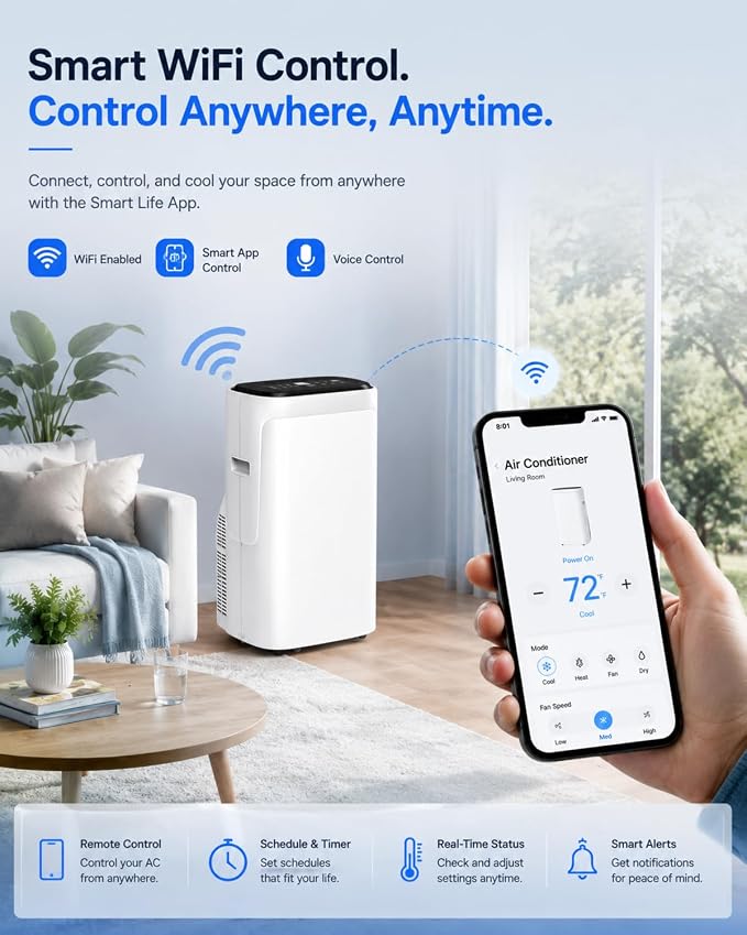 Coolblus Inverter Air Conditioners 15000BTU, 4 in 1 Portable AC Unit with Heat/Dehumidify, Wi-Fi Smart AC Cool Up to 700 Sq.Ft, Window Kit, Contains Replacement Power Cords, White-15000BTU-WIFI-HEAT
