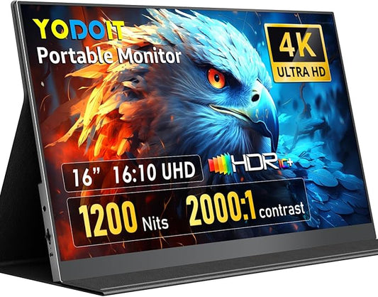 Yodoit 4K Portable Monitor for Laptop 1200nit, 16" UHD 3840x2400 Travel Gaming Monitor Screen IPS Display with USB Type C Port and Dual Speakers Compatible with PC, Xbox, PS4/5 Black