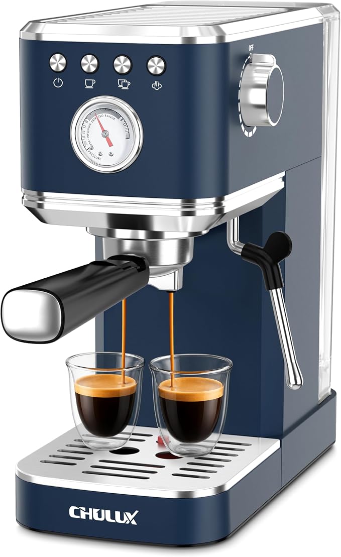 CHULUX Slim Espresso Machine with Milk Frother, 20 Bar Professional Italian Pump Espresso Coffee Machine for Home Cappuccino & Latte Maker, Stainless Steel, Dark Blue