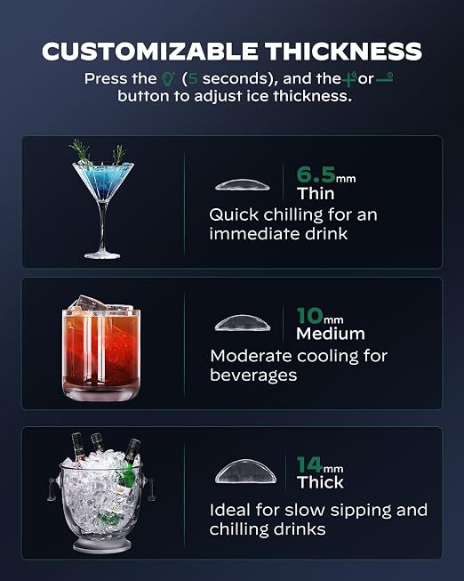 Silonn Crescent Ice Maker Countertop, Slow Melting & Crystal-Clear Ice, Self-Cleaning Ice Machine with Adjustable Ice Thickness & Timer Function, 16 Pcs in 15 Mins, 2000 Pcs per Day