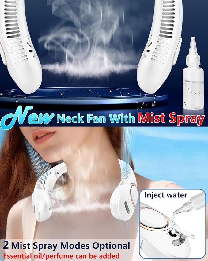 Neck Fan that Blow Cold Air with Mist, 5 Speeds USB-C Rechargeable 4000mAh Battery, Folding Personal Mister with LED Display, Bladeless Wearable Neck Air for Kids Women Men Outside Sports Work, White