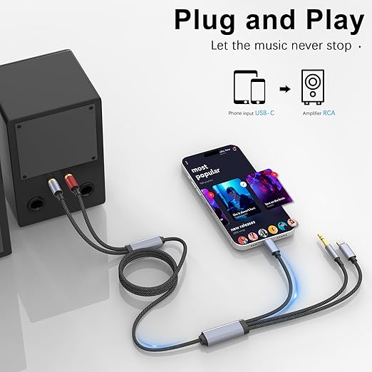 USB C 3.5mm to RCA Cable, Lightning to RCA Male to Aux Audio Adapter, HiFi Sound, Headphone Jack Adapter, 3 in 1 Audio Cable Connector for iPhone/iPad, Speaker, MP3, Tablet, HDTV 10FT