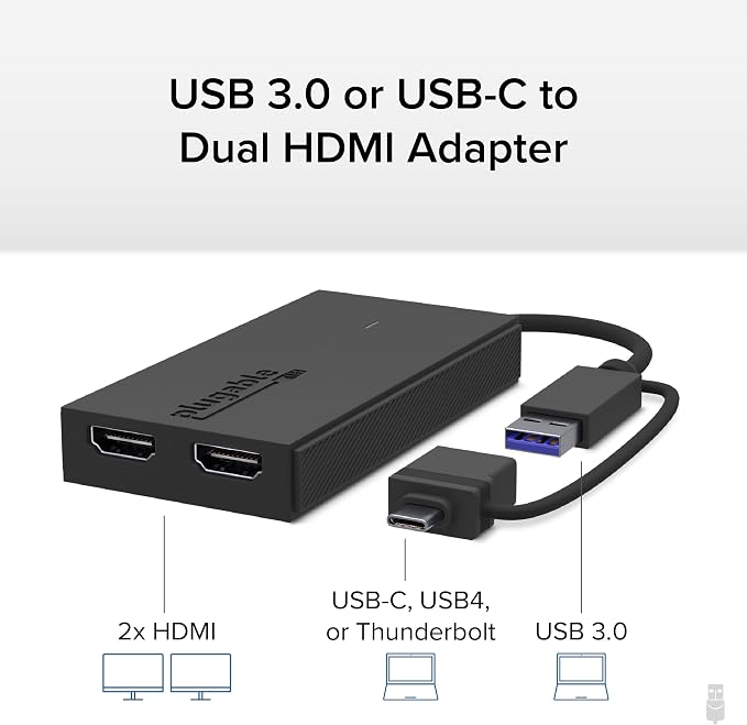 Plugable Dual HDMI Monitor Adapter for M1-M5 & Neo macOS, Windows, ChromeOS - USB-C, Thunderbolt, USB 3.0 Compatible, Supports 2 Displays at 1080p 60Hz, SMI Driver Required