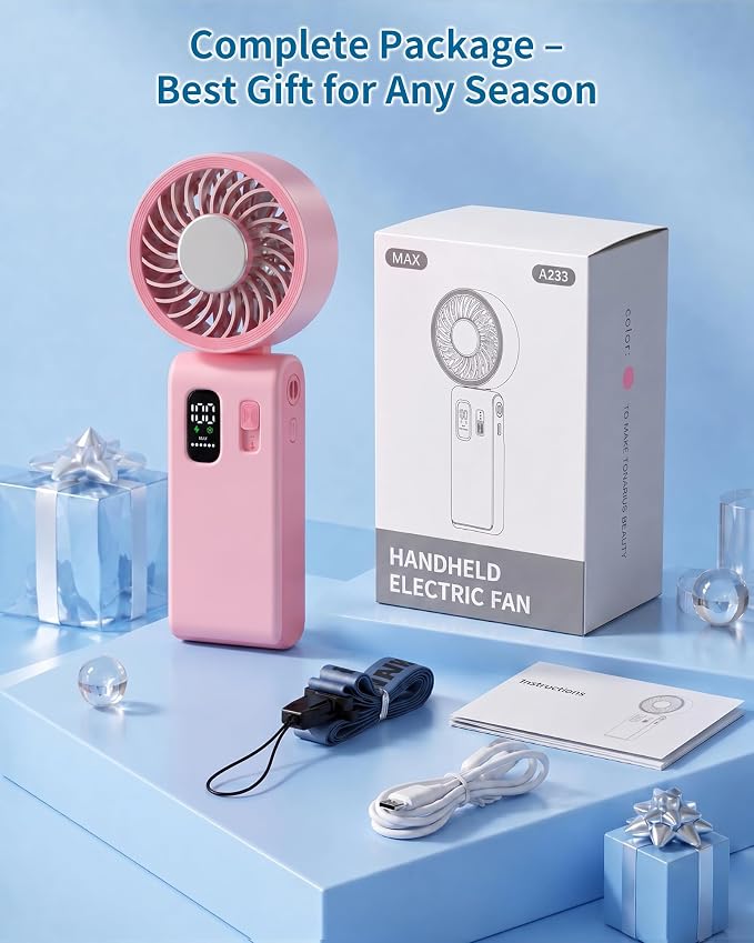 Portable Handheld Fan with Ice Cooling, 100 Speed Rechargeable Mini Desk Fan, Up to 12Hrs Cooling, Powerful Folding Personal Fan for Travel, Camping, Office (Pink)