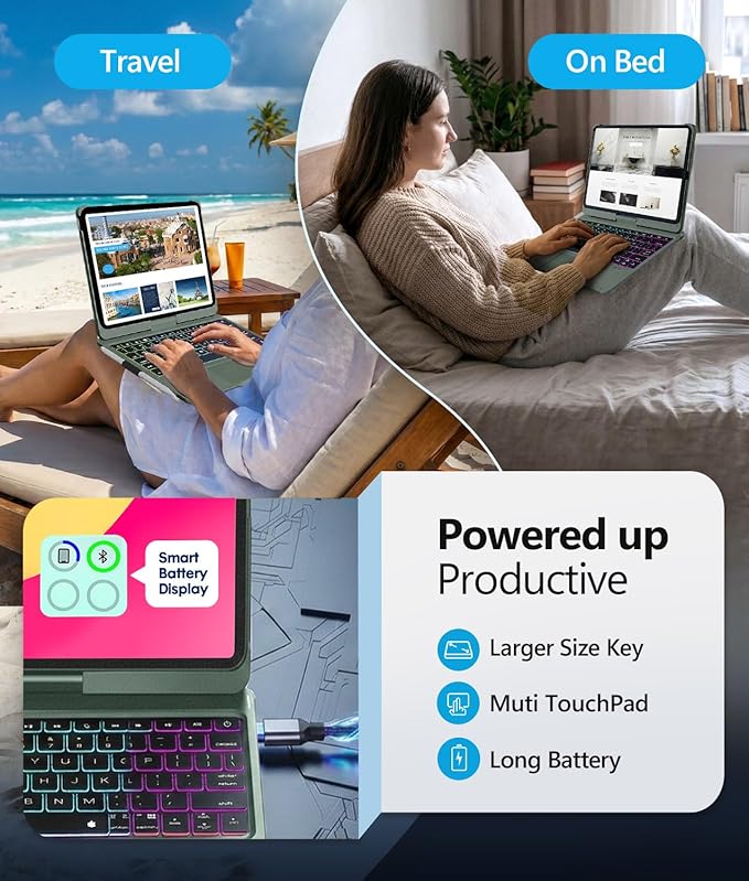 BABG for iPad 10th 11th (A16) Case with Keyboard&iPad Air 11(M4,M3,M2),360°Swivel,7 Use Modes,Rainbow Backlight Keyboard for iPad Pro 11(1st/2nd/3rd/4th Gen)&iPad Air 5th/Air 4th- Green