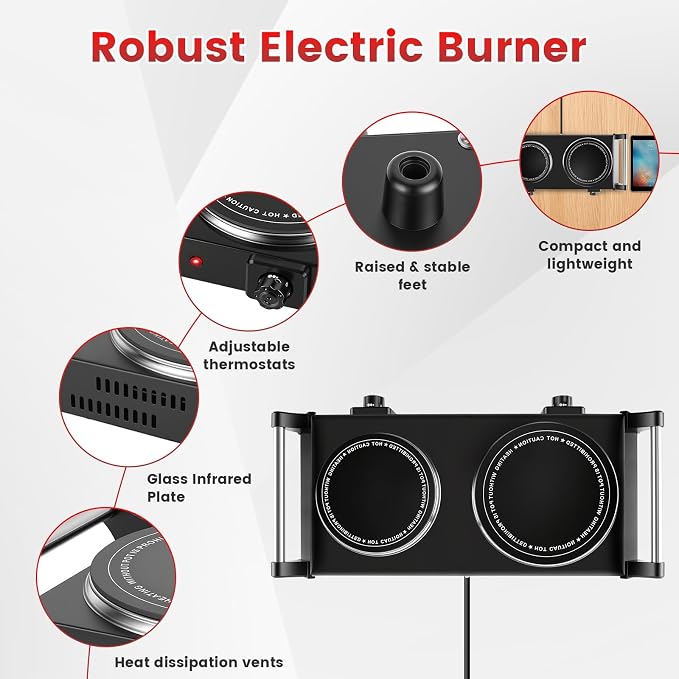 Electric Burner, Electric Hot Plate for Cooking Portable Cooking Stove, Countertop Burner Cooktop for Kitchen, Dorm, Temperature Control, Easy to Clean, Black