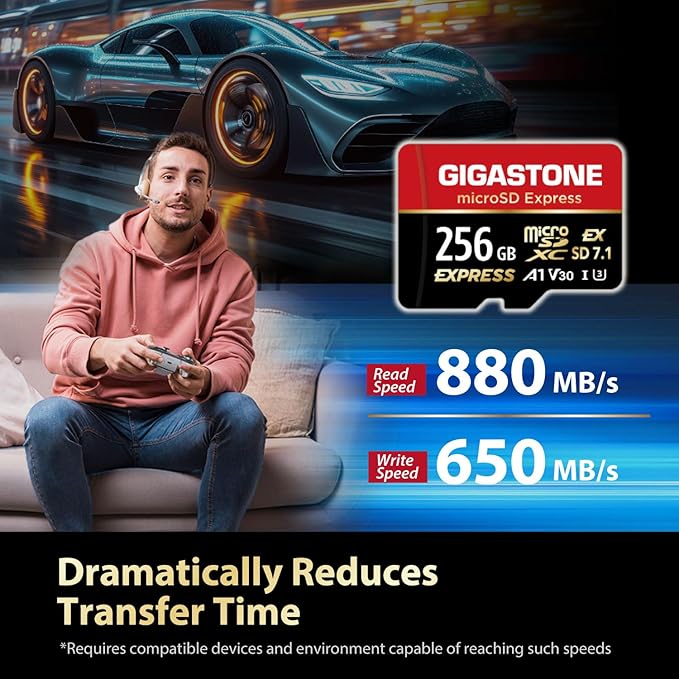 【Designed for Switch 2】 GIGASTONE 256GB microSD Express, MicroSDXC Express Memory Card SD 7.1 Speed up to R/W 880/650MB/s Compatible with Switch 2, Professional Camera, A1 V30 U3, with SD Adapter