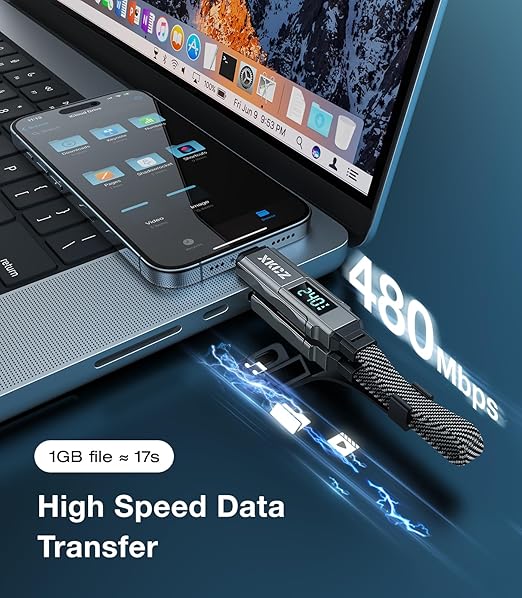XKCZ Keychain USB C Cable with V/A/W Display, 4 in 1 Charging Cable Combo Type C/USB A/L Port, 240W Fast Charging Short Cable, USB C Keychain Portable Cord for iPhone/iPad/Samsung/Laptop, 8 inches
