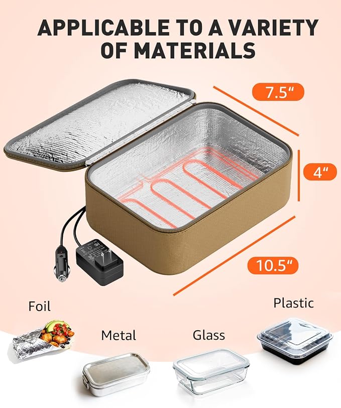 Portable Food Warmer - Heated Lunch Box for Adluts - Electric Thermal Lunch Bag with Buckle Handle, Heating Food Warmer Bags for 12V/24V Car & Truck, 110V/220V Home/Office, Khaki