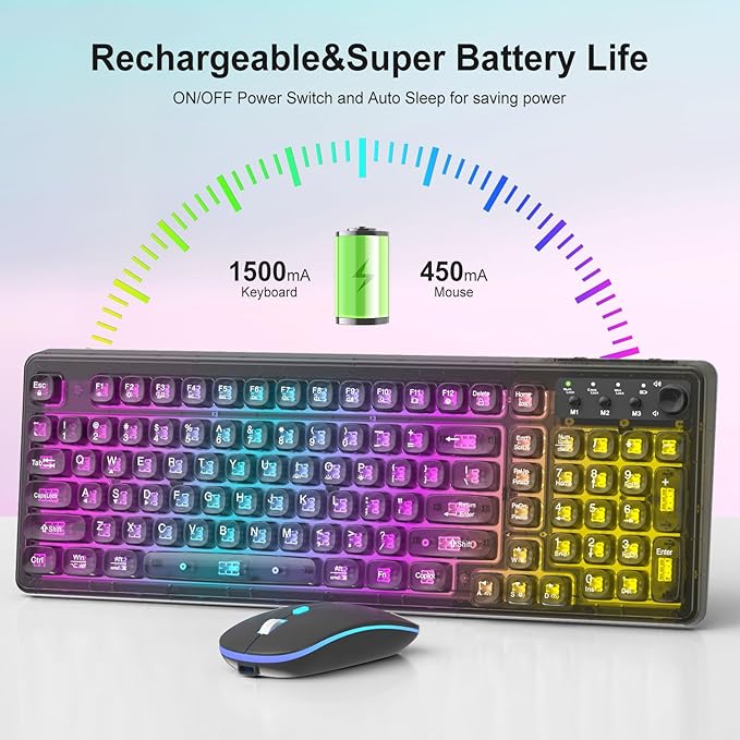 Black Light Up Keyboard and Mouse Wireless,Cute 2.4Ghz Cordless Rechargeable Transparent Backlit Keyboard,15 Backlight Effects,Volume Knob,RGB Mouse with 3 DPI for Mac Computer PC Laptop Desktop iPad