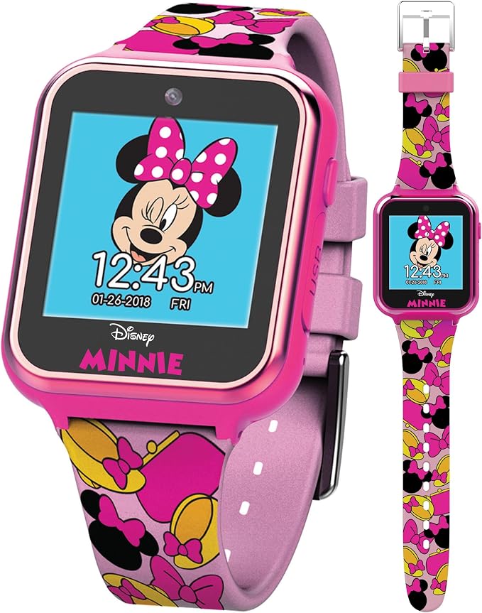 Disney Minnie Mouse Interactive Kids Smartwatch – Touchscreen Watch with Camera, Games, Voice Recorder, Step Tracker, Alarm & Timer – Fun Minnie Design, USB Rechargeable – Fits Wrists 5.5" to 8"