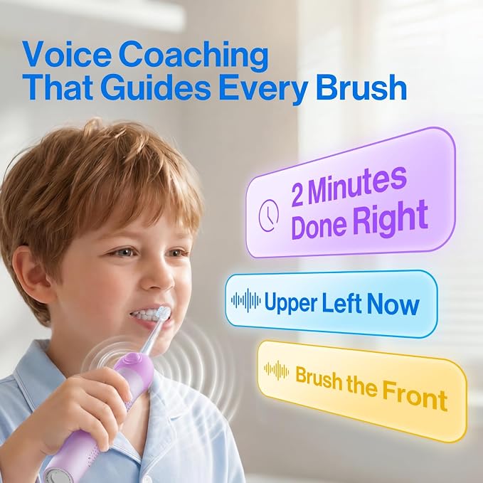usmile Q30 Kids Sonic Electric Toothbrush, Voice-Guided Full-Mouth Coaching, Missed Spot Alerts & Smart App Reports, Extra-Soft Brush Heads, USB-C Rechargeable, IPX8 Waterproof (Ages 3–12, Purple)