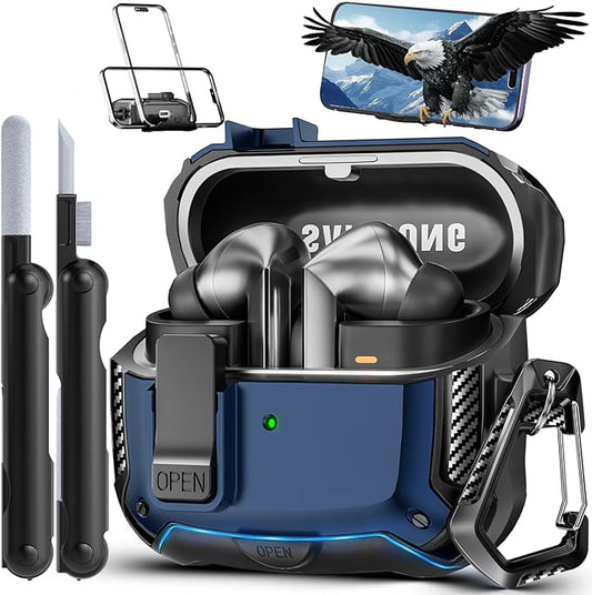 with Phone Stand for Samsung Galaxy Buds3 FE (2025) / Buds3 Pro (2024) / Buds 3 Case (2024),with Secure Lock Clip & Cleaning kit Full Body Shockproof Carbon Fiber Protection Design