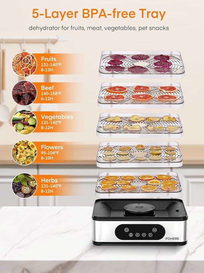 FOHERE Food Dehydrator, 5 BPA-Free Tray Dehydrators for Food and Jerky, Fruit, Herbs, Meat, Dog Treats, 48H Timer and 95-158°F Temperature Control, 400W Dehydrator Machine, 11.42" Stackable Trays