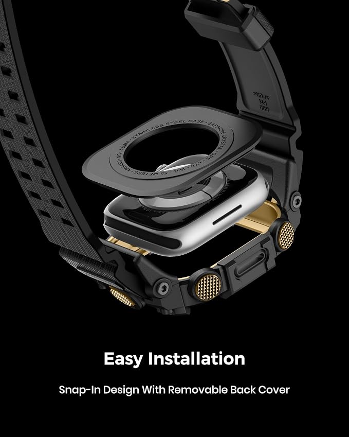 amBand Rugged Case with Band for Apple Watch 45mm, Compatible with Apple Watch (iWatch) Series 9/8/7, Military Grade Shockproof Bumper Cover, Tactical Band for Men, Black Gold