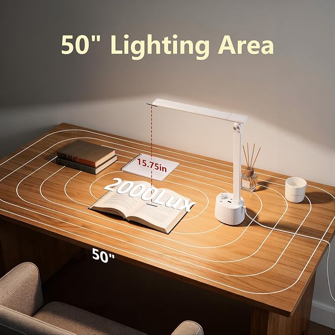 BOHON Small Desk Lamp with USB C Charging Port, Stepless Dimming 5 Colors Reading Light, Space-Saving Rotating Head Desk Lamp for Home Office, Dorm, Bedroom, White