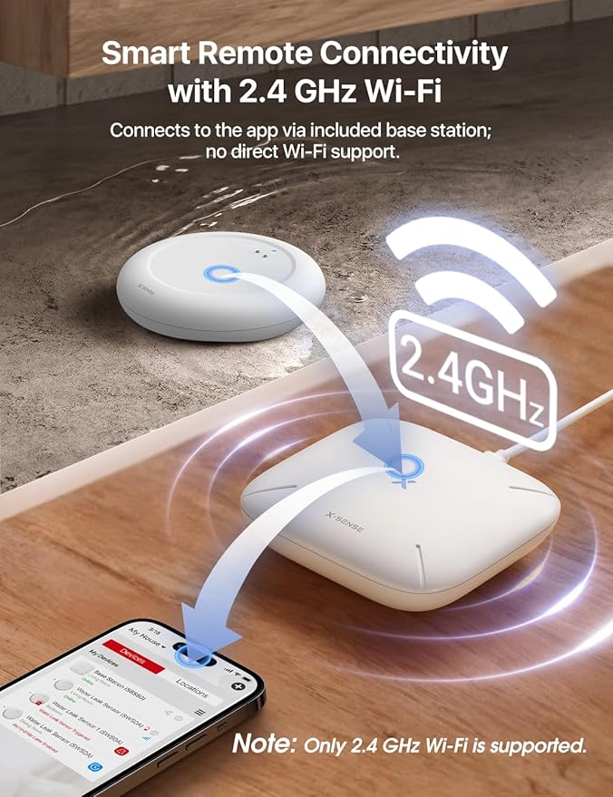 X-Sense Wi-Fi Water Leak Detector Kit, Smart Water Sensor Alarm with App Alerts and Ultra-Slim Design, Water Alarm Leak Detector for Basements, 4 Water Sensors and 1 Base Station, Model SWS0A41