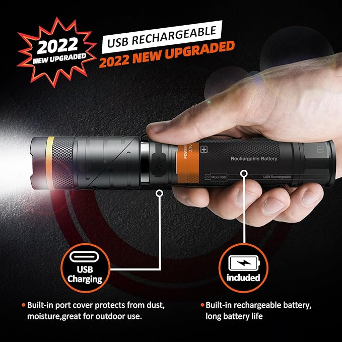 NICRON Flashlights,Rechargeable Magnetic LED Flashlights,1200 High lumens Tactical Flashlight,White/Red/Green Lights USB Charging,90 Degree Twist,IP65 Waterproof Outdoor