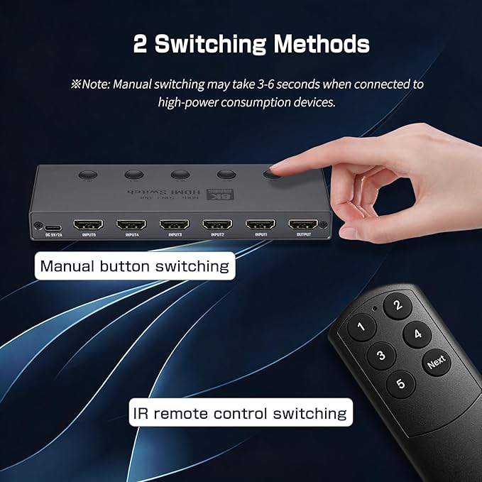 Enbuer 8K HDMI 2.1 Switch, HDMI 2.1 Switcher 5 in 1 Out Supports CEC 8K@60Hz, 4K@240Hz, 1080P@480Hz, HDCP 2.3 HDR 3D Dolby Atmos VRR Compatible with PS5 Xbox Blu-Ray Player with IR Remote Controller