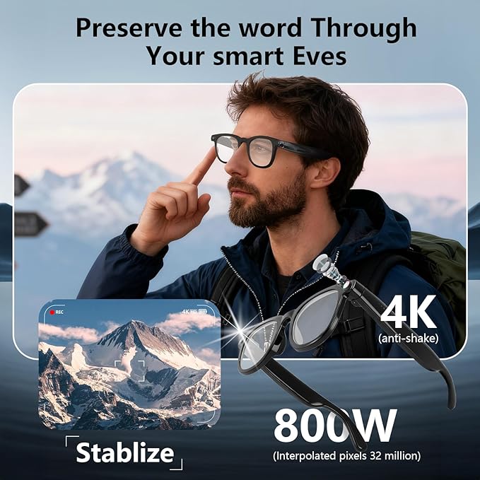 AI Smart Glasses with 4K HD Camera & Anti-Shake, ChatGPT Integrated Voice Control Glasses for Hands-Free Video Recording, Live Translation & Object Recognition, Bluetooth Smart Eyewear