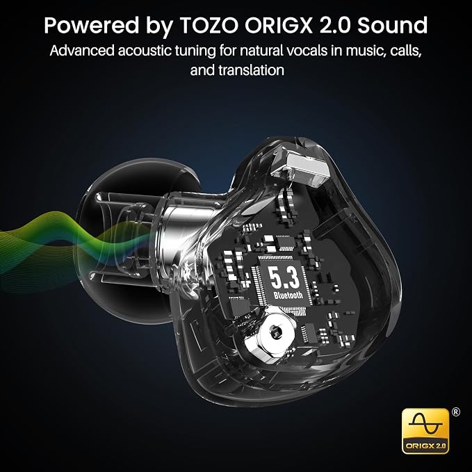 TOZO T18 AI Translation Wireless Earbuds Real-Time, IPX8 Waterproof Bluetooth Headphones, 4 Mic Clear Calls, 80H Playtime, Wireless Charging Case, Stereo Bass, 32 Customized EQ via App