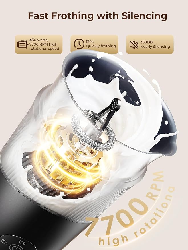 Large Capacity Milk Frother: 4-in-1 Electric Milk Steamer 350ml, 7700RPM High Speed, 120s Fast Frothing, 𝐇𝐨𝐭 & 𝐂𝐨𝐥𝐝 Foam Maker, Helpful Stainless Steel for Latte - Grayish Black