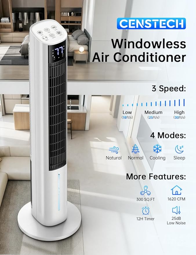 45" Windowless Air Conditioner, Portable Swamp Cooler Air Conditioner w/3 Speeds Max 30 ft/s, 4Modes, 4L Tank & 12H Timer, 120°Oscillation, 20 Ft Remote Evaporative Air Cooler for Room Indoor