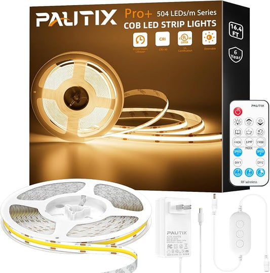PAUTIX Warm White LED Strip Light 24V LED led Light Strip with Remote,3000K Super Bright 16.4ft/5m cob led Strip Light Dimmable Timer for Bedroom,Kitchen,Mirror,Cabinet,Shelf