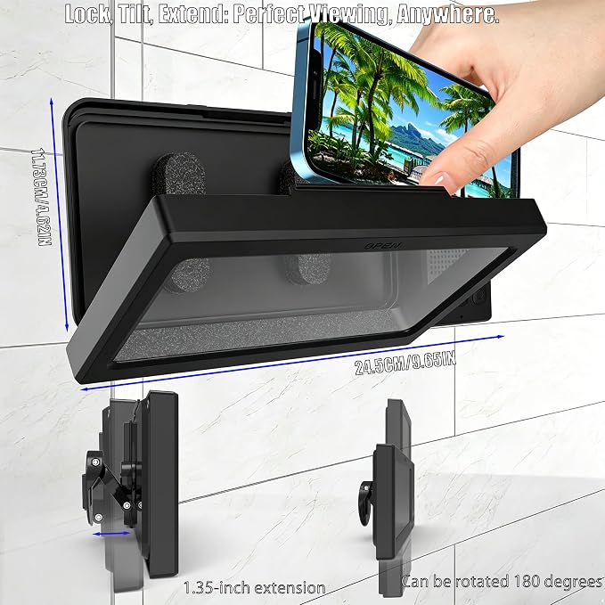 Shower Phone Holder with Wireless Bluetooth Speaker for iPhone,2026 New Waterproof 480° Rotation Adjustable Shower Phone Case Accessories, Wall Phones Mount Stand Speakers for Bathroom Mirror