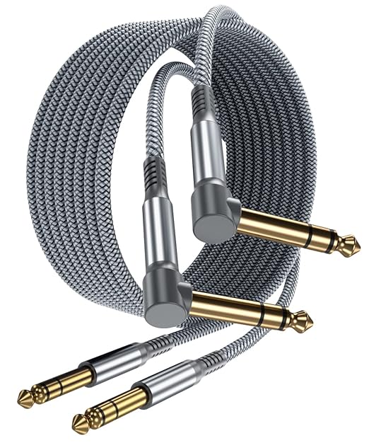 Elebase 1/4 Inch TRS Instrument Cable 3.3ft 2-Pack,Right-Angled to Straight 6.35mm Male Jack Stereo Audio Cord,6.35 Balanced Interconnect Line for Electric Guitar,Bass,Keyboard,Mixer,Amplifier,Speaker
