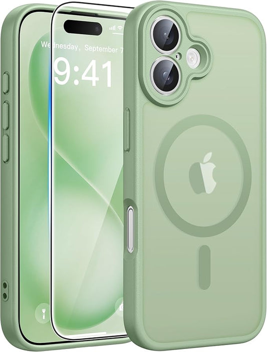 FNTCASE for iPhone 16 Plus Case: [Compatible with Magsafe] Integrated Silicone Phone Cases with [Full Camera Protection] [Screen Protector] Military Grade Shockproof Protective Cover - Light Moss