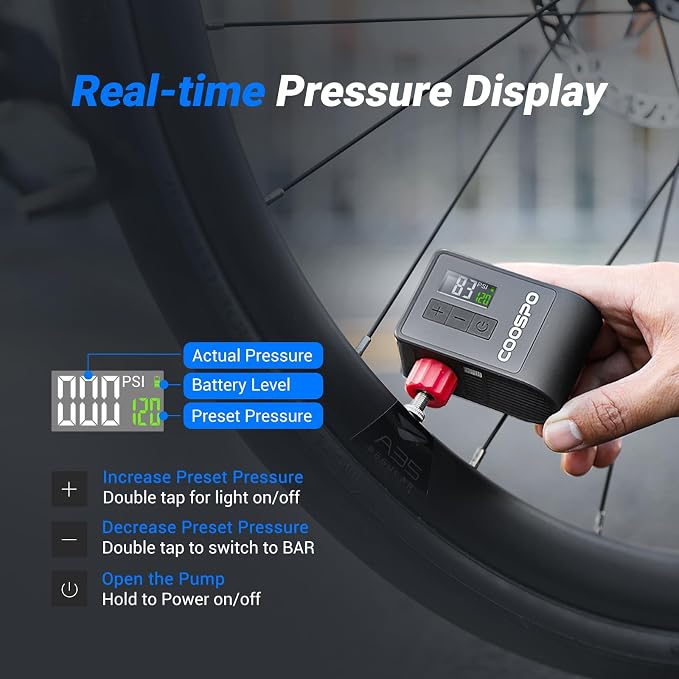 CooSpo Mini Electric Bike Pump, Portable Tire Inflator Portable Air Compressor, Max 120 PSI, Auto Shut-Off Air Pump with Presta/Schrader Valves for All Bicycles, Ball, Car Accessories