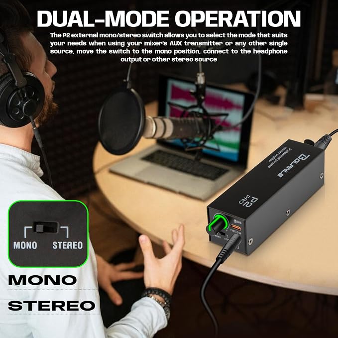 Bolanle P2 USB-C Portable in-Ear Monitor Amplifier, 5V DC/AAA Battery, XLR/TRS Input 3.5mm Output, LED, Stereo/Mono Switch for Keyboardists, Drummers, Live Stage (Single Channel-Black)