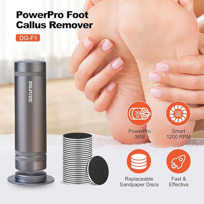 PowerPro Electric Foot Callus Remover Grey with 60pcs Replacement Sandpaper Discs 100Grit Middle for Feet Care Kit