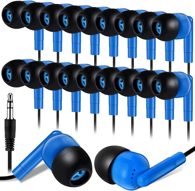 Kanayu 50 Pack Wired Earbuds Bulk for Classroom Ear Headphones Wired Basic Student Earbuds No Microphone with 3.5MM Jack for Class Laptop School Library, Individually Bagged (Dark Blue)