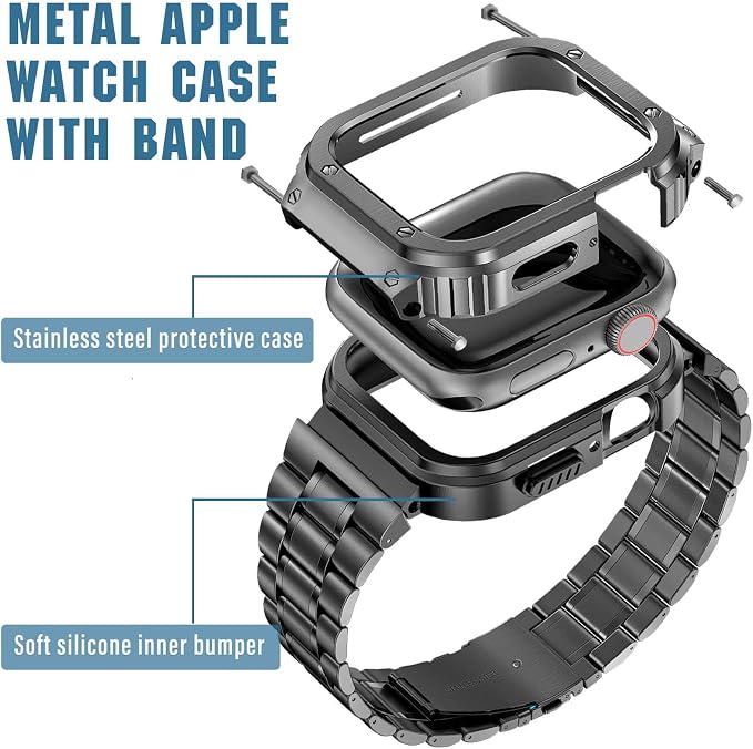 MioHHR Stainless Steel Watch Band with Case Compatible with Apple Watch Series 6 5 4 SE3/2/1(44mm) Series 3/2/1(42mm),Rugged Strap with Metal Protective Bumper Cover for iWatch Band Men(Space Grey)