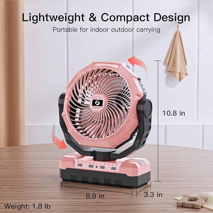 FRIZCOL 3-in-1 Camping Fan - Portable Fans Rechargeable - 24000mAh Battery Powered Fan with Light for Indoor, Outdoor, Tent, Travel, Fishing, Jobsite, Gifts for Men Dad Him - Pink
